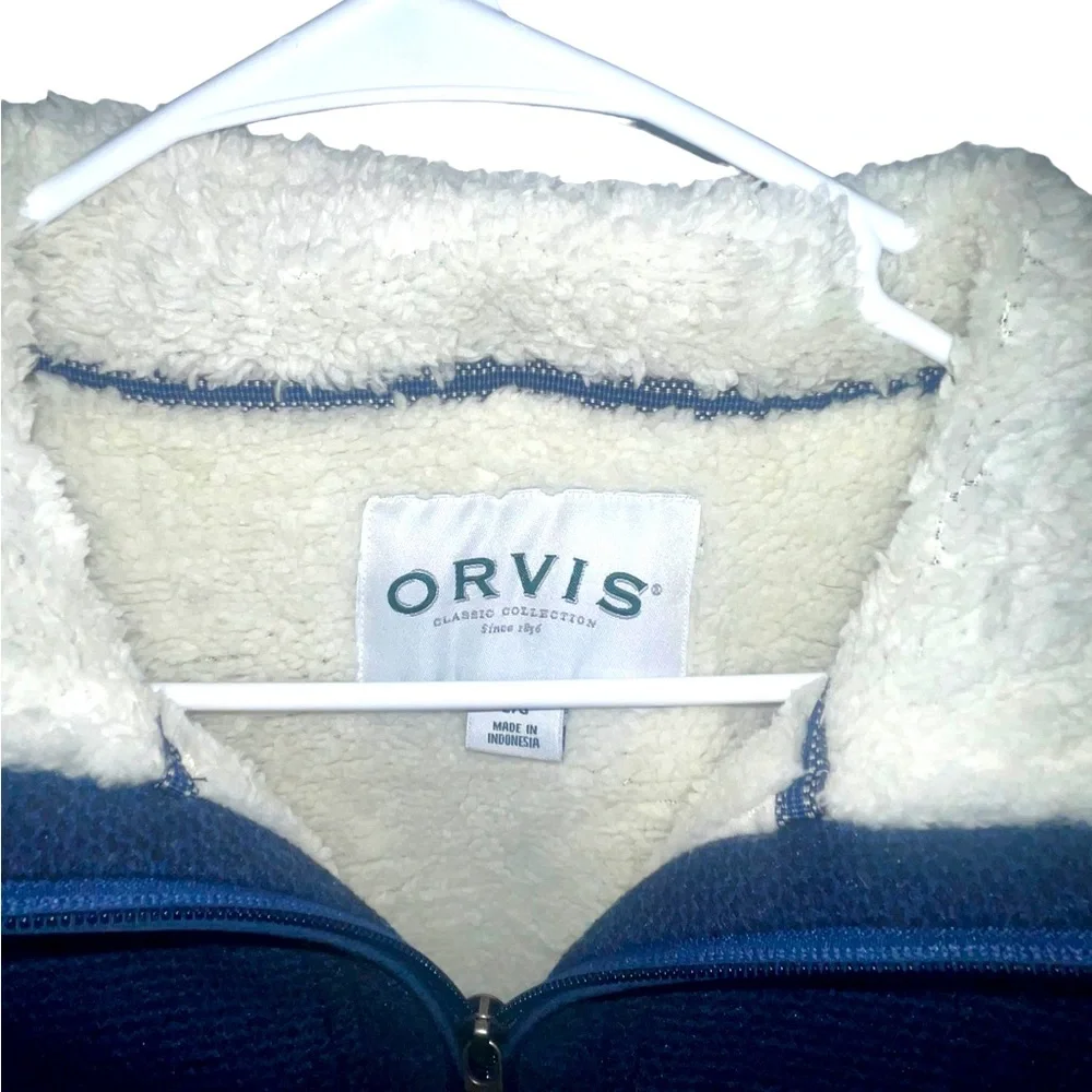 Orvis Sherpa Fleece Lined 1/4 Zip Pullover with Pockets Blue & White Size Large - Picture 7 of 12